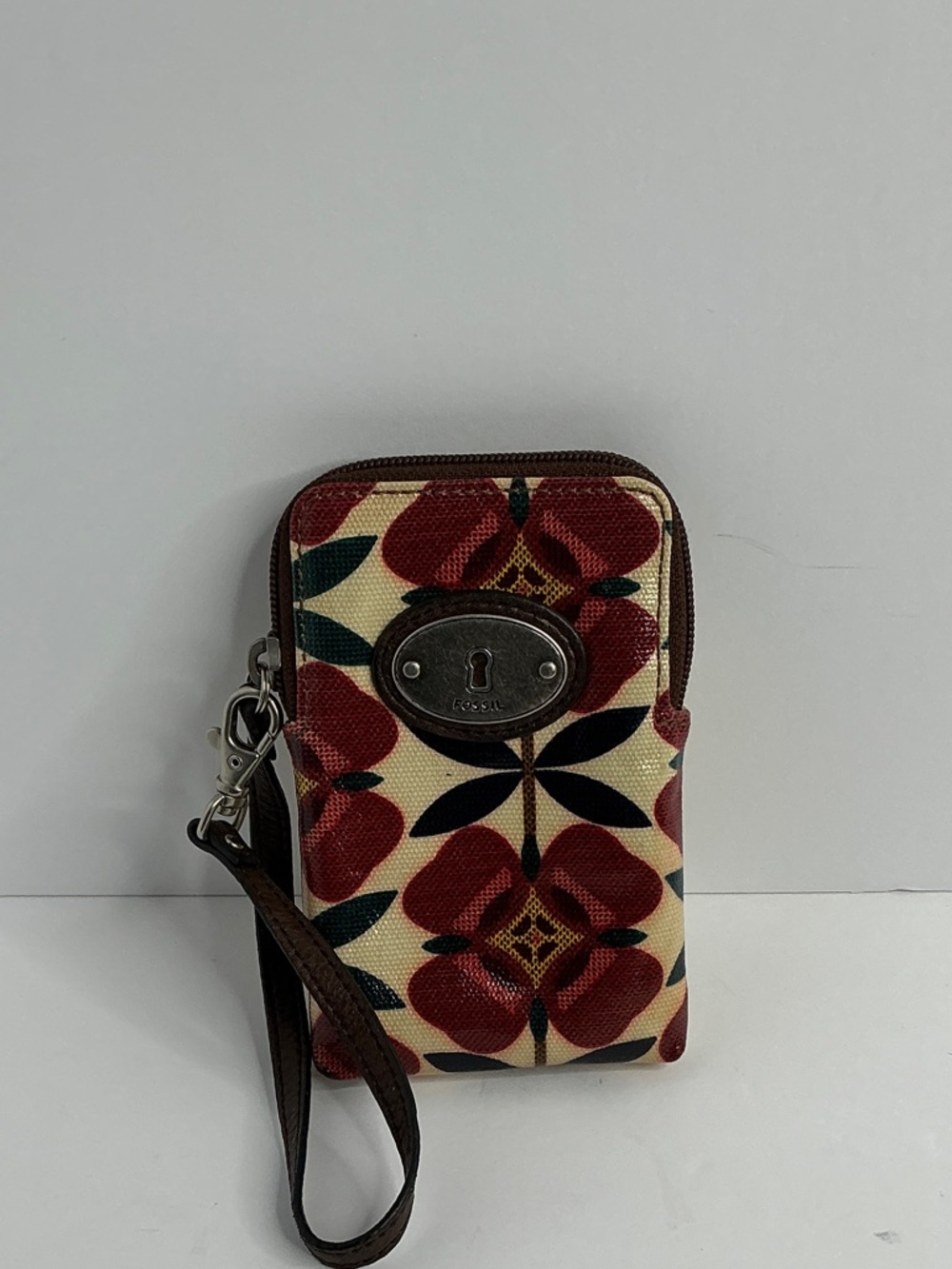 Fossil Red & Cream Floral Canvas Wristlet with Brown Trim